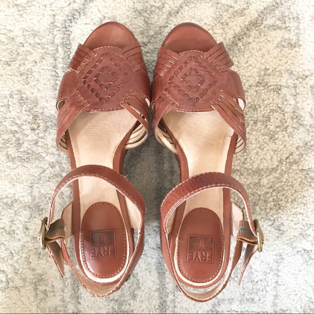 Frye Leather Cognac  Wedge Platform Sandals - Picture 3 of 5
